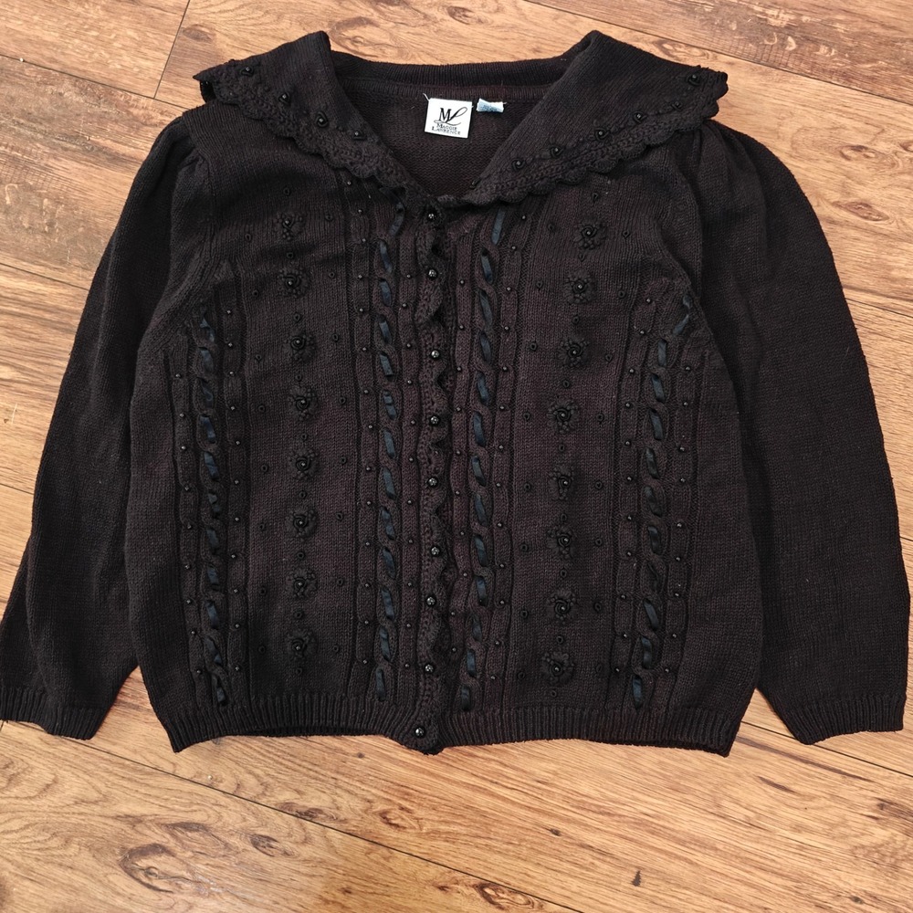 Maggie Lawrence Black Knit Cardigan Women's 18 Ribbon Cottagecore Whimsigoth VTG
